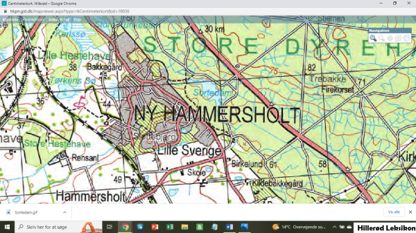 Sortedam i Ny Hammersholt, mellem Gl. Frederiksborgvej og Københavnsvej. Udsnit af målebordsblad fra Geodatastyrelsen.
