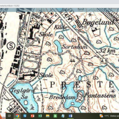 Sortedam i Præstevang. (Udsnit af centimeterkort fra Geodatastyrelsen).